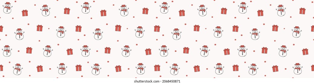 Seamless pattern with snowmen and presents. Christmas banner. Vector
