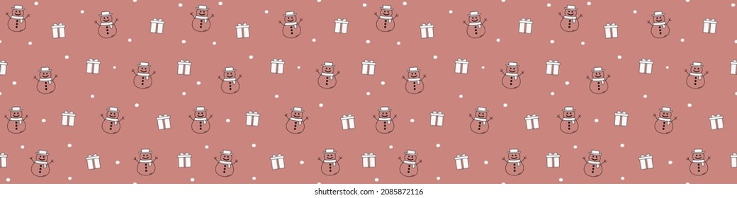 Seamless pattern with snowmen and presents. Christmas banner. Vector