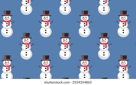 A seamless pattern of snowmen with red scarves and top hats on a blue background, perfect for winter designs.