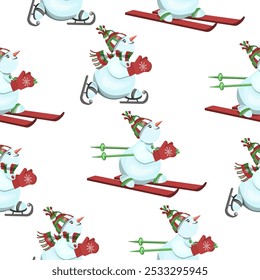 Seamless pattern of snowmen skating and skiing on a white background.Vector pattern for Christmas backgrounds,textiles,wrapping paper.