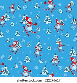 Seamless pattern with snowmen, skiers in the winter forest