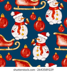 Seamless pattern with snowmen, sleds, and christmas ornaments. Vector illustration