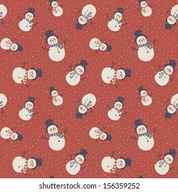 Seamless pattern with snowmen and snowfall on red background