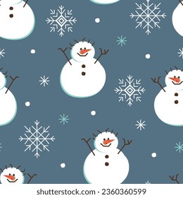 Seamless pattern. Snowmen and snowflakes.