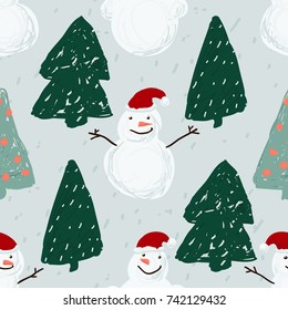 Seamless pattern with snowmen, snowflakes and Christmas trees. Xmas and winter holidays elements background. Hand drawn vector texture.