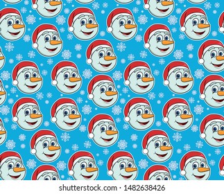 Seamless pattern with snowmen and snowflakes on a blue background. New Year, Christmas illustration. Template for wallpaper, packaging, textile, fabric.