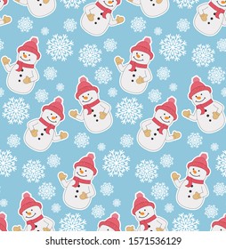 Seamless pattern with snowmen and snowflakes on a blue background.
Template for wallpaper, packaging, textile, fabric.