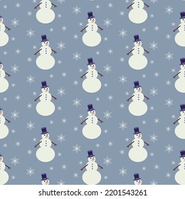 Seamless pattern with snowmen and snowflakes on a gray-blue background. vector illustration