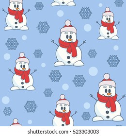 seamless pattern with snowmen and snowflakes on a blue background. Christmas. new year. backround in flat design