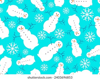 Patrón sin foco con hombres de nieve y copos de nieve. Hombre de nieve con una zanahoria por la nariz y una rama por las manos. Diseño de navidad para envolver papel, banners y artículos promocionales. Ilustración del vector