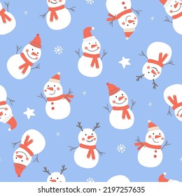 Seamless pattern with snowmen, snowflakes. Winter abstract Christmas forest print. Vector graphics.