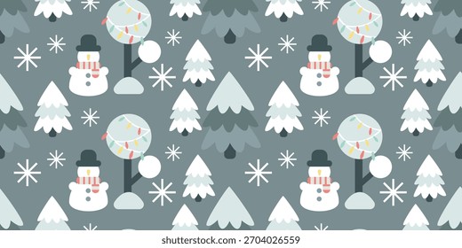 Padrão perfeito com bonecos de neve, árvores nevadas, flocos de neve e árvore de inverno decorada com guirlandas claras sobre fundo escuro. Perfeito para têxteis de inverno, papel de embrulho e temas de Natal