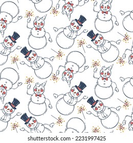 Seamless pattern with snowmen with sparklers. Cute character design. Christmas vector background. Festive vector illustration.