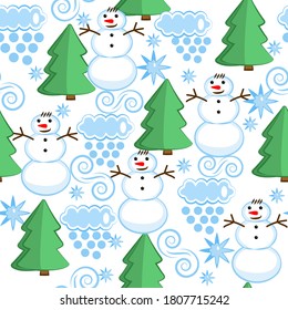 Seamless pattern of snowmen,  trees, clouds with falling snow.