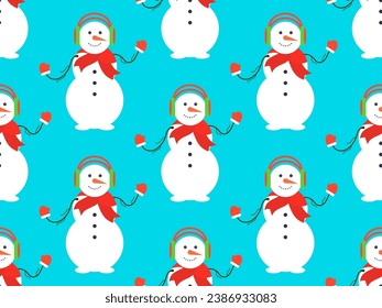 Seamless pattern with snowmen in warm headphones, scarf and mittens. Winter Christmas background with a snowman made of three snow balls. Xmas design for banner and poster. Vector illustration