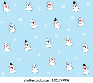 Seamless pattern of snowmen and white snowflakes on a light blue background.