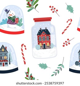 Nahtloses Muster aus verschneiten Weihnachtsbällen. Schneekugeln mit Schneemännern und Häusern, Lollis und Zweigen im flachen Stil auf weißem Hintergrund. Weihnachts- und Neujahrsdekoration, Verpackungspapier, Verpackung