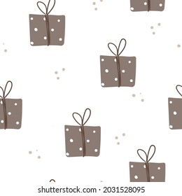 Patrón sin brillo con caja de regalo de Navidad nevada en un fondo claro. Ilustración dibujada a mano en estilo plano.
Dibujo de vacaciones vectoriales.
