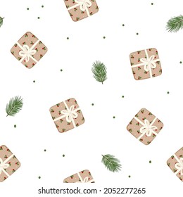 Seamless pattern with snowy Christmas gift box and spruce branch for fabric, textile. Merry Christmas winter vector illustration in doodle style.