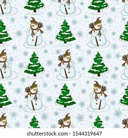 Seamless pattern with snowy Christmas trees, snowman and snow.