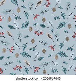 Seamless pattern with snowy fir tree branches, frozen leaves, berries