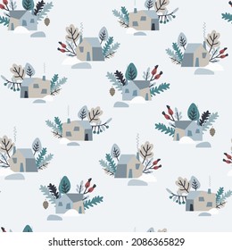 Seamless pattern with snowy house, fir tree branches, frozen leaves, berries
