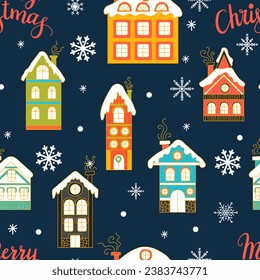 Seamless pattern with snowy houses, snowflake and lettering Merry Christmas in flat style. Vector illustration. Winter background. For greeting cards, print, design, fabric and porcelain