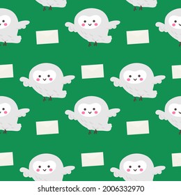 Seamless pattern with snowy owl and letter. Cute cartoon animal. Vector illustration.