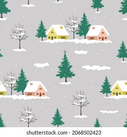 Seamless pattern with snowy rural on winter theme,vector illustration