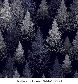 Seamless pattern of snowy spruce trees. hand drawing. Not AI. Vector illustration