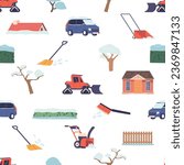 Seamless Pattern With Snowy Trees, Cottage Roof, Fence And House Yard, Brush, Car Covered With Fallen Snow