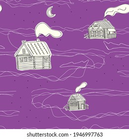 Patrón sin foco con pueblo nevado sobre fondo morado. Diseño para tela y papel, texturas superficiales.