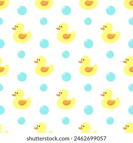 Seamless pattern soap bubbles and cute duck. Textile and wrapping paper design.