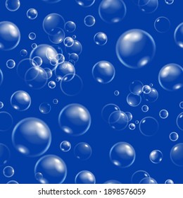 Seamless pattern soap bubbles on dark background. Blue water balls. Realistic vector background.