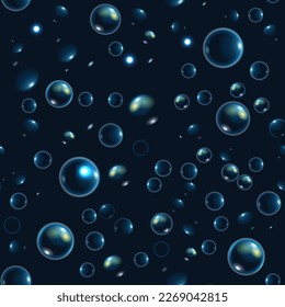 Seamless pattern soap bubbles on dark background. Blue water balls. Realistic vector background.