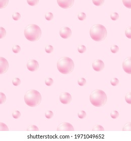 Seamless pattern with soap bubbles or pearl beads on pink background. 3D shiny vector balls. Illustration for beauty products package, fabric, gift wrapping, wallpaper print, wedding or spa design.