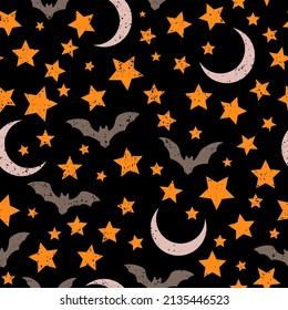 seamless pattern of soaring bats and stars on a black background