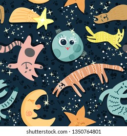 The seamless pattern of soaring cats in space, stars, of the moon,  of the half moon,  of the comet. The cartoon childish pattern. The night sky.The vector illustration