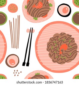 Seamless pattern with soba noodles with chopsticks. Vector flat graphics. Top view composition