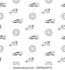 Seamless pattern of soccer ball, cleat and whistle. Sports abstract black and white background template. Perfect for backgrounds, wallpaper and textile