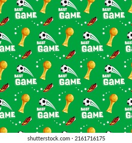 Seamless pattern with soccer ball, urban geometric elements and power motion trails. Grunge neon texture background. Football sport. 