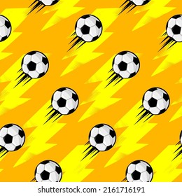 Seamless pattern with soccer ball, urban geometric elements and power motion trails. Grunge neon texture background. Football sport. 