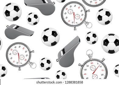 Seamless pattern with soccer ball, whistle and stopwatch. 3D Football set of icons with referees objects, seamless background vector illustration