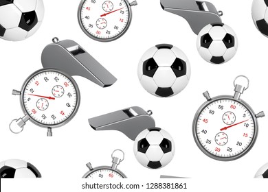 Seamless pattern with soccer ball, whistle and stopwatch. 3D Football set of icons with referees objects, seamless background vector illustration