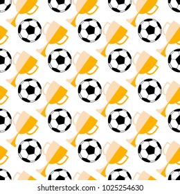 Seamless pattern with soccer ball and winner cup. Vector football background