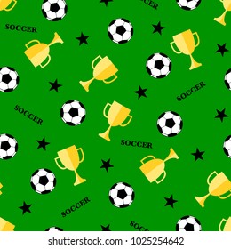 Seamless pattern with soccer ball and winner cup. Seamless football background