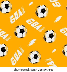 Seamless pattern with soccer ball, and with the word goal. Grunge neon texture background. Football sport.