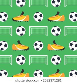 Seamless pattern with soccer balls, boots and goals on a green background. Sports equipment.