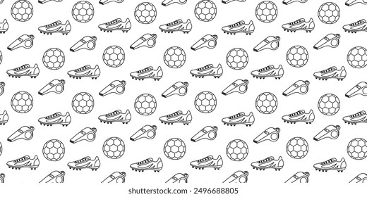 Seamless pattern with soccer balls, cleats, and whistles in a black and white outline. Sports background for fabric, wrapping, wallpaper, stationery, advertising brochures, flyers or posters.