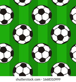 Seamless pattern with soccer balls on a green field. Hand-drawn football balls and soccer striped grass field. Vector illustration for the design of sports posters, banners and design.